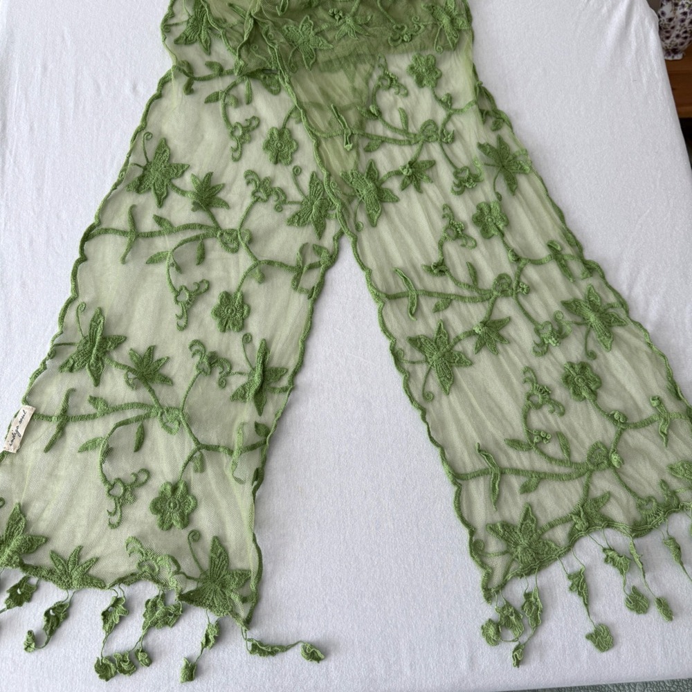 Indigo Soul Scarf Women Green Floral Mesh Embroidered Tassel Boho Cottagecore